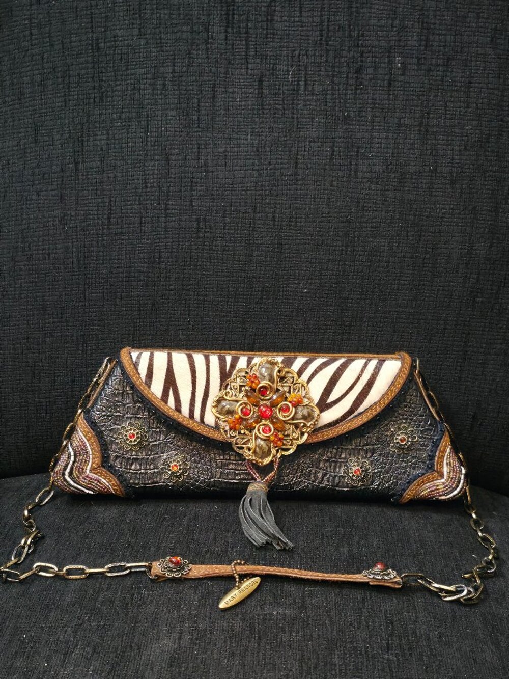 Mary Frances Beaded Zebra Print Calf Hair Leather Baguette Bag